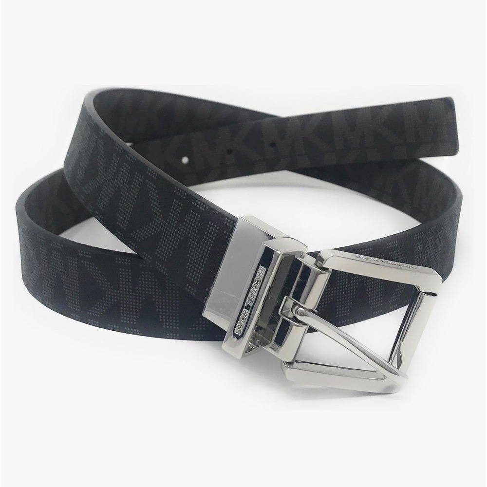 Michael‎ Kors Womens Reversible Belt Black MK Monogram Logo Silver Buckle L NWT